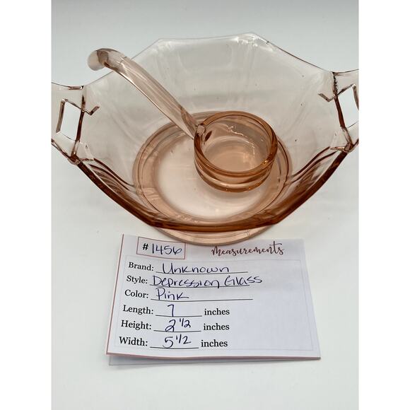 Vintage Imperial Pink Depression Glass Open Handled Molly Serving Bowl & Laddle - Picture 9 of 9